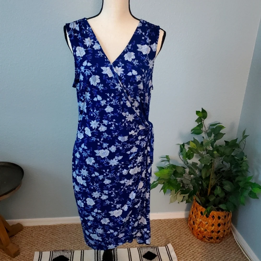 Banana Republic floral faux tie wrap sleeveless midi dress, womens size Large - Picture 1 of 8